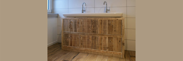 Bauholz-Unterschrank | Schubladen | Aufsatzwaschbecken | Badmöbel | Holz